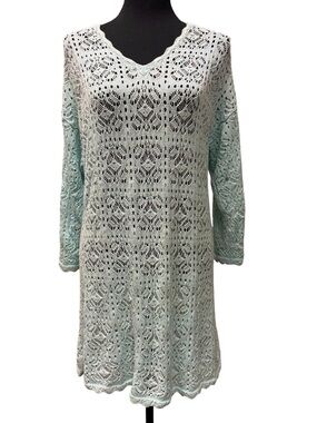 Modern Soul Light Blue Aqua Crochet Lace Knit V-Neck Tunic Dress Size L